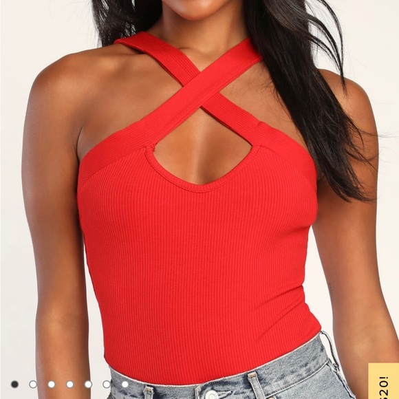 Lulus Tops - Lulu’s Weekend Outing Red Ribbed Criss-Cross Bodysuit Top Sz. Small S NWT